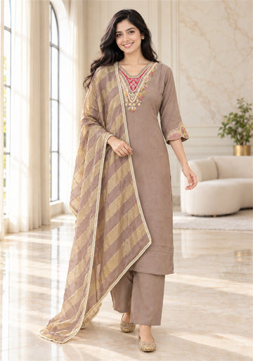 Taupe Brown Cotton Kurta Pant Set with Dupatta - Ashoka Threads