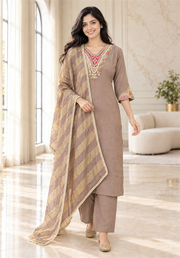 Taupe Brown Cotton Kurta Pant Set with Dupatta - Ashoka Threads - K3-D31-26-TBR 3