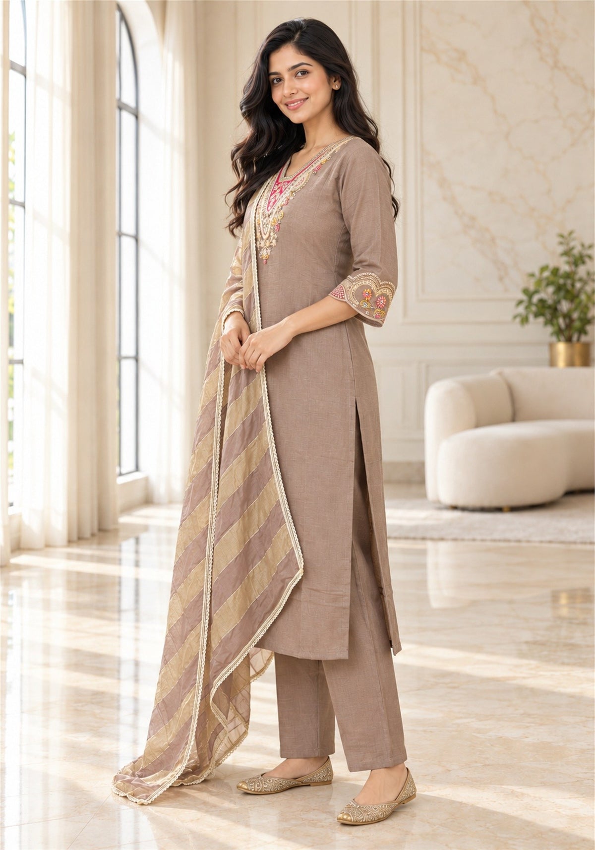 Taupe Brown Cotton Kurta Pant Set with Dupatta - Ashoka Threads - K3-D31-26-TBR 4