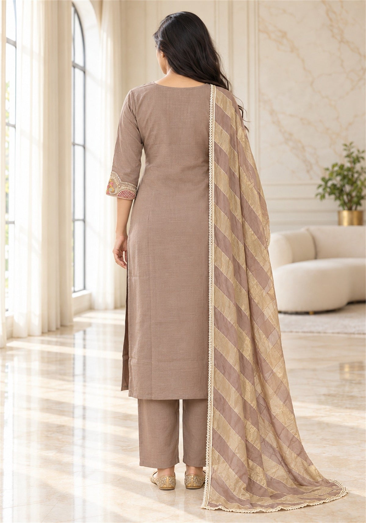 Taupe Brown Cotton Kurta Pant Set with Dupatta - Ashoka Threads - K3-D31-26-TBR 5