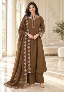 Chocolate Brown Cotton Embroidered Kurta Pant Set with Dupatta - Ashoka Threads