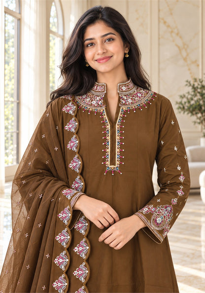 Chocolate Brown Cotton Embroidered Kurta Pant Set with Dupatta - Ashoka Threads - K3-D32-26-CBR 3