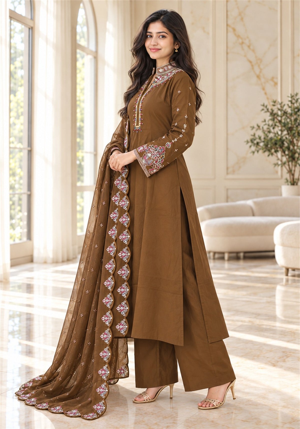 Chocolate Brown Cotton Embroidered Kurta Pant Set with Dupatta - Ashoka Threads - K3-D32-26-CBR 4