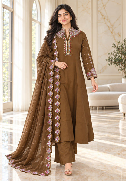 Chocolate Brown Cotton Embroidered Kurta Pant Set with Dupatta - Ashoka Threads - K3-D32-26-CBR 5