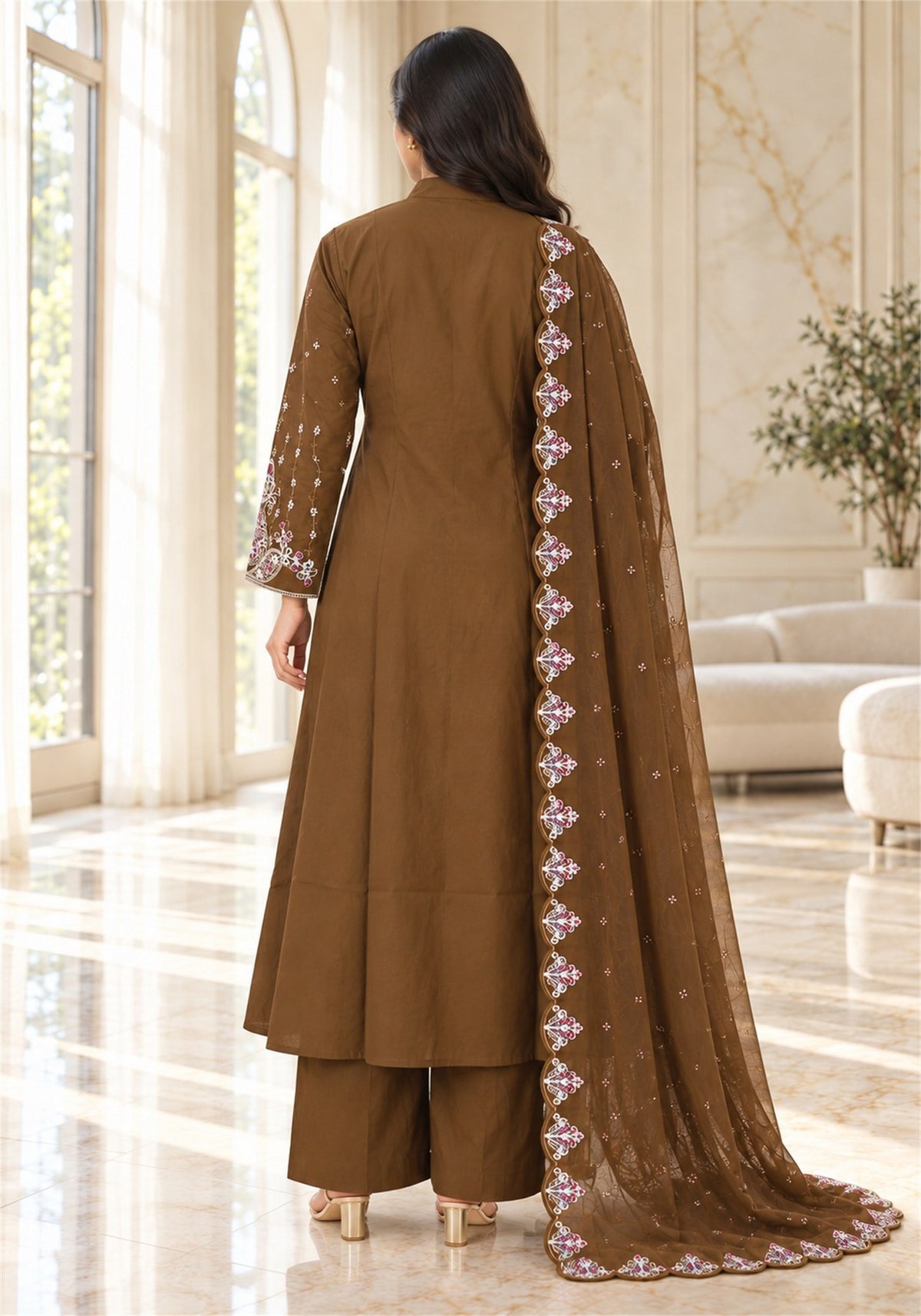 Chocolate Brown Cotton Embroidered Kurta Pant Set with Dupatta - Ashoka Threads - K3-D32-26-CBR 6