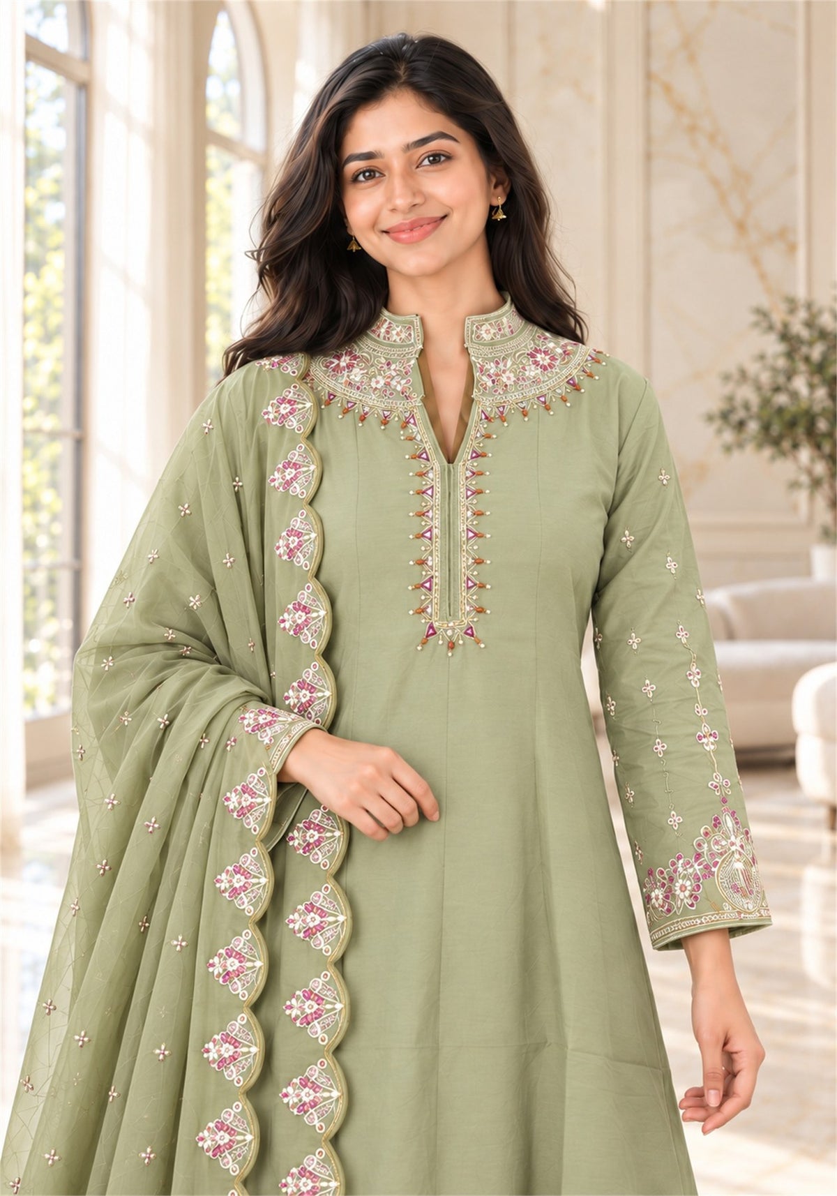 Sage Green Cotton Embroidered Kurta Pant Set with Dupatta - Ashoka Threads - K3-D32-26-SGR 2