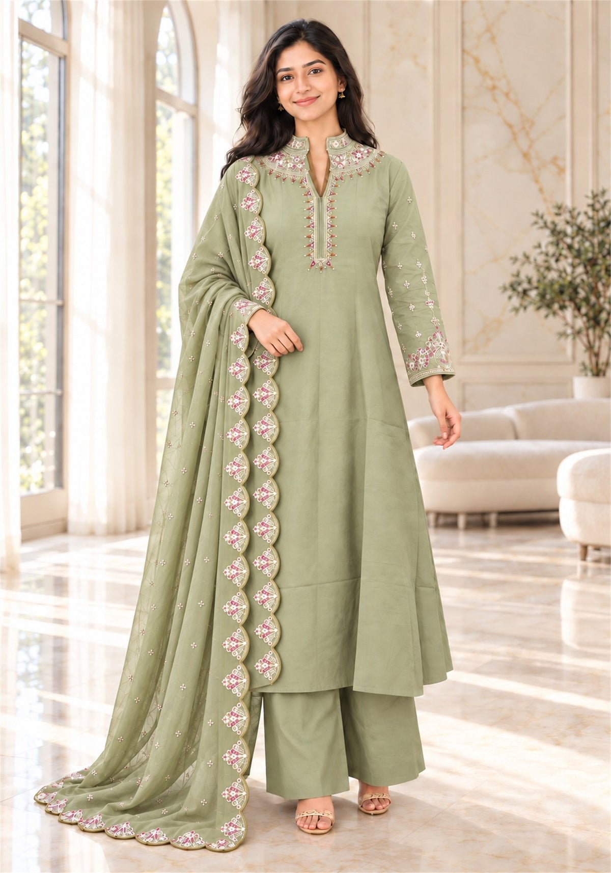 Sage Green Cotton Embroidered Kurta Pant Set with Dupatta - Ashoka Threads - K3-D32-26-SGR 3