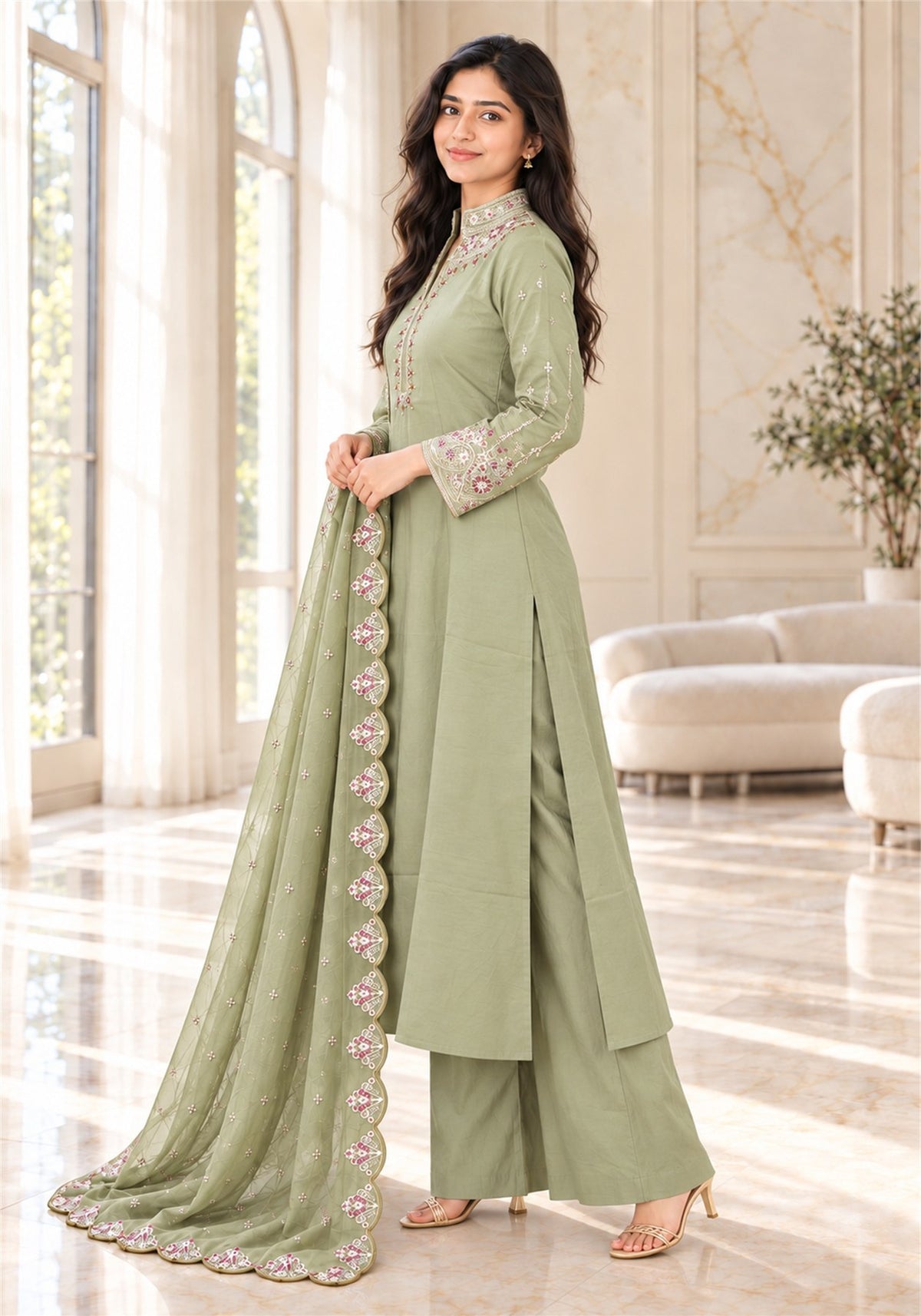 Sage Green Cotton Embroidered Kurta Pant Set with Dupatta - Ashoka Threads - K3-D32-26-SGR 4