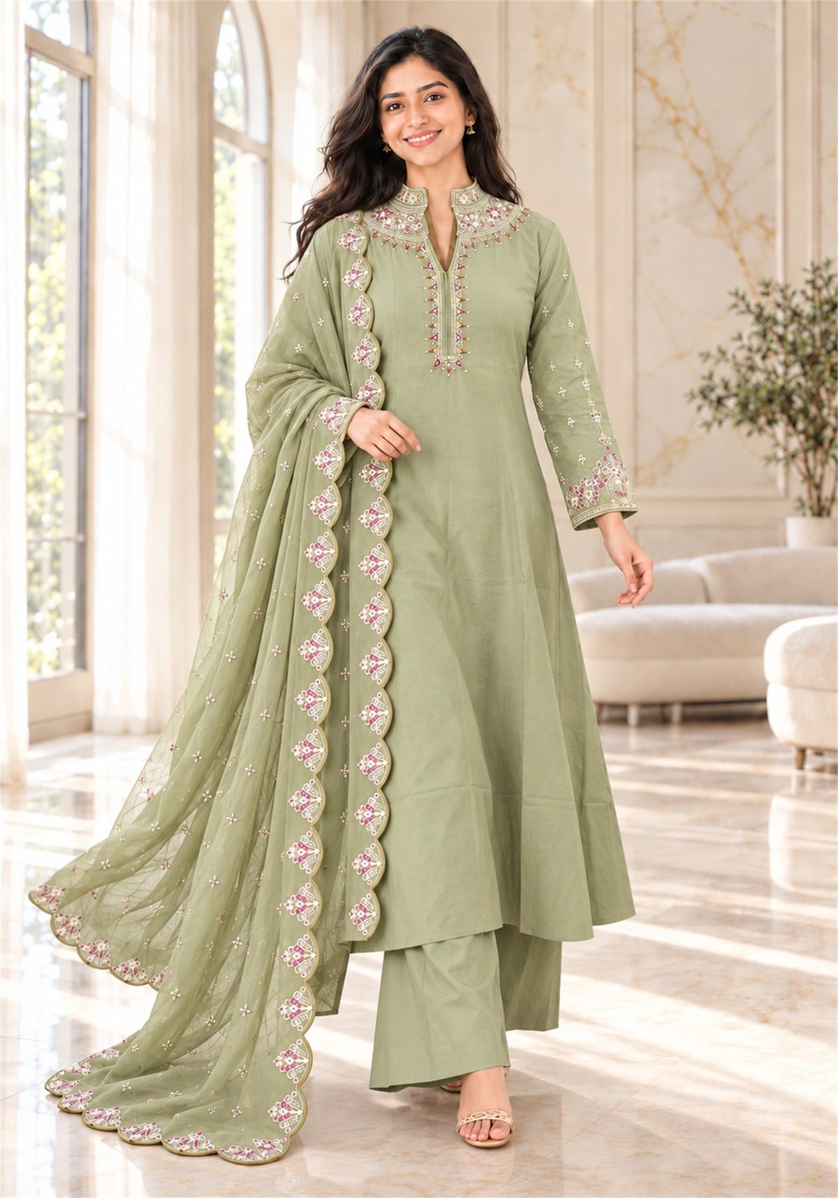 Sage Green Cotton Embroidered Kurta Pant Set with Dupatta - Ashoka Threads - K3-D32-26-SGR 5