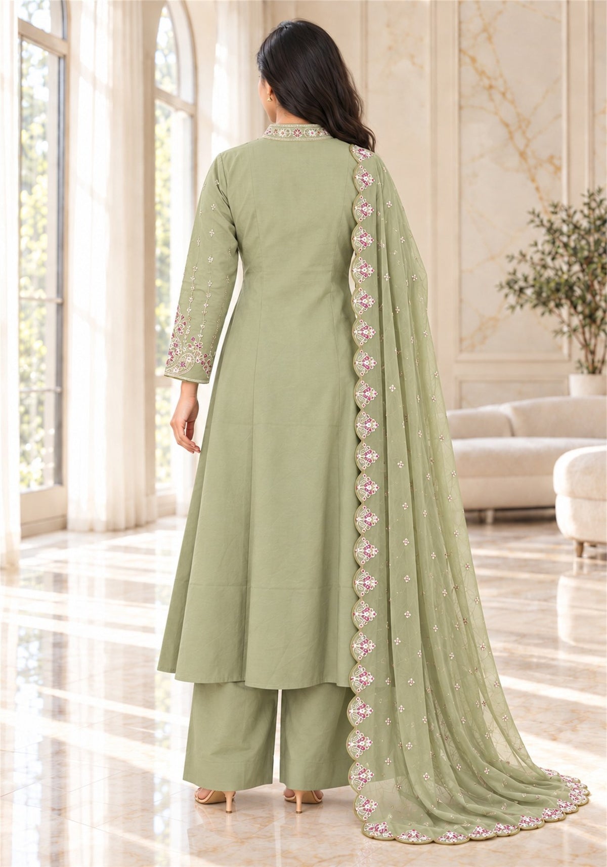 Sage Green Cotton Embroidered Kurta Pant Set with Dupatta - Ashoka Threads - K3-D32-26-SGR 6