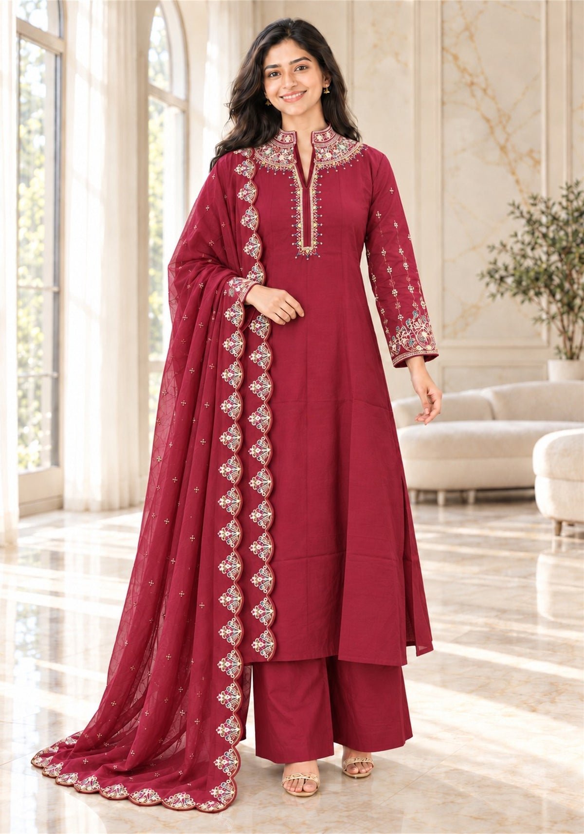 Wine Red Cotton Embroidered Kurta Pant Set with Dupatta - Ashoka Threads - K3-D32-26-WRE 1