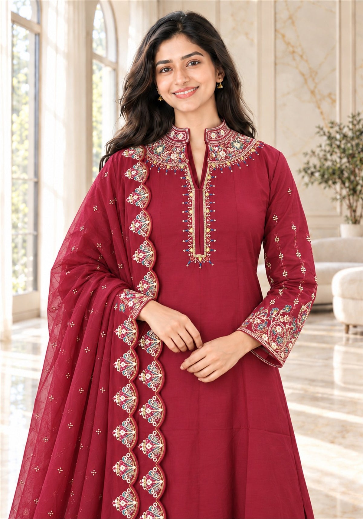 Wine Red Cotton Embroidered Kurta Pant Set with Dupatta - Ashoka Threads - K3-D32-26-WRE 3