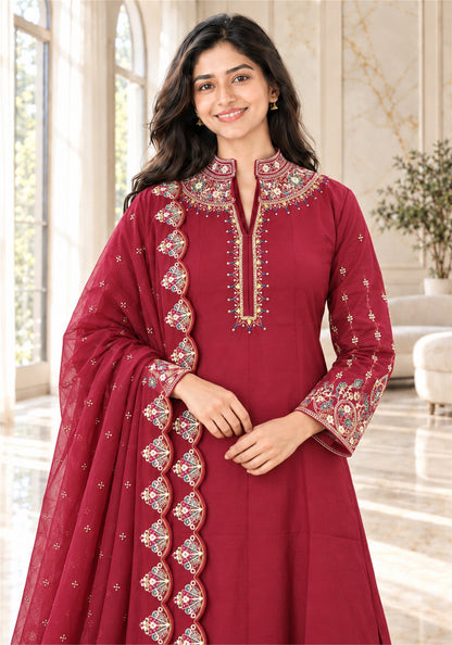 Wine Red Cotton Embroidered Kurta Pant Set with Dupatta - Ashoka Threads - K3-D32-26-WRE 3