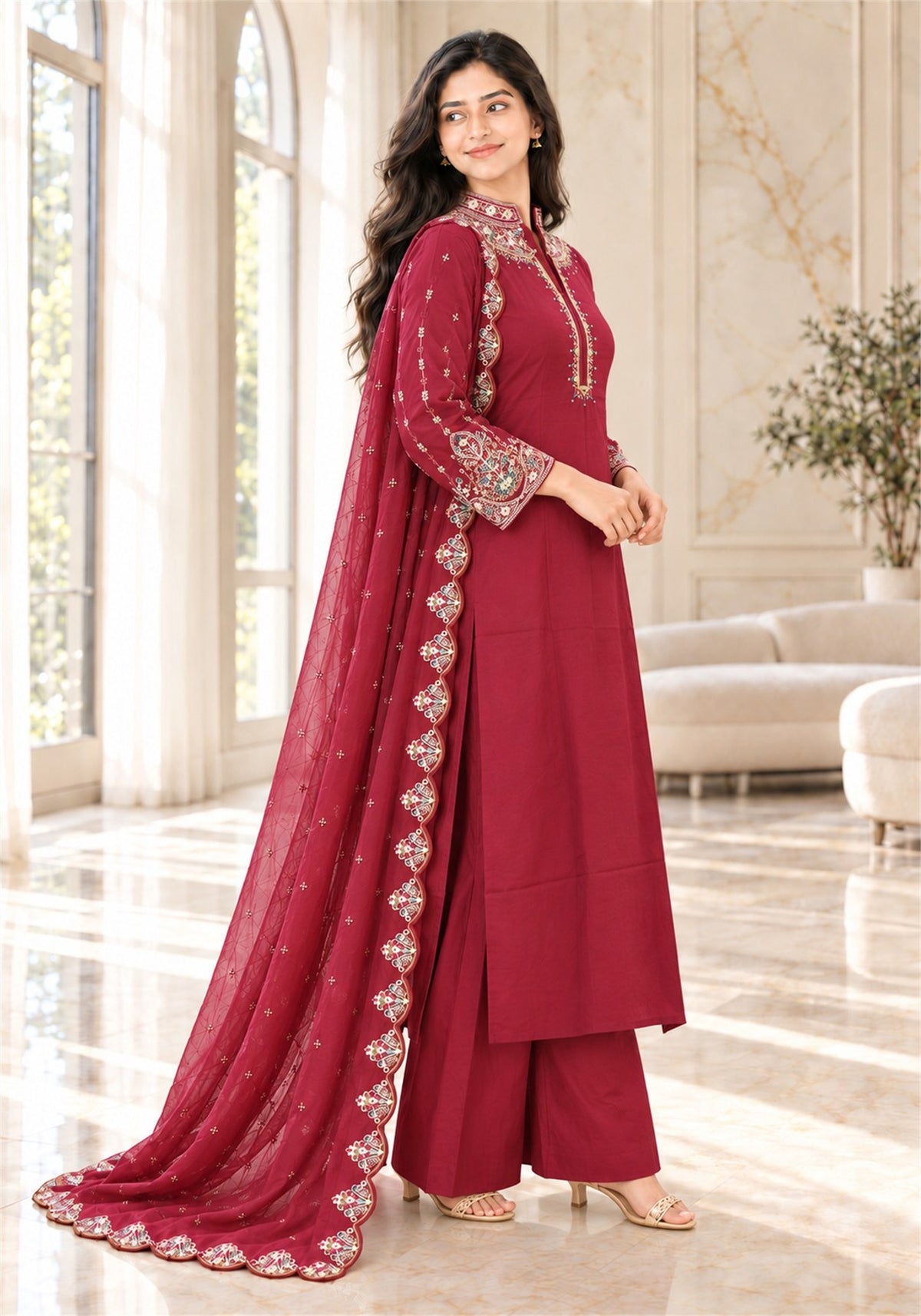 Wine Red Cotton Embroidered Kurta Pant Set with Dupatta - Ashoka Threads - K3-D32-26-WRE 5