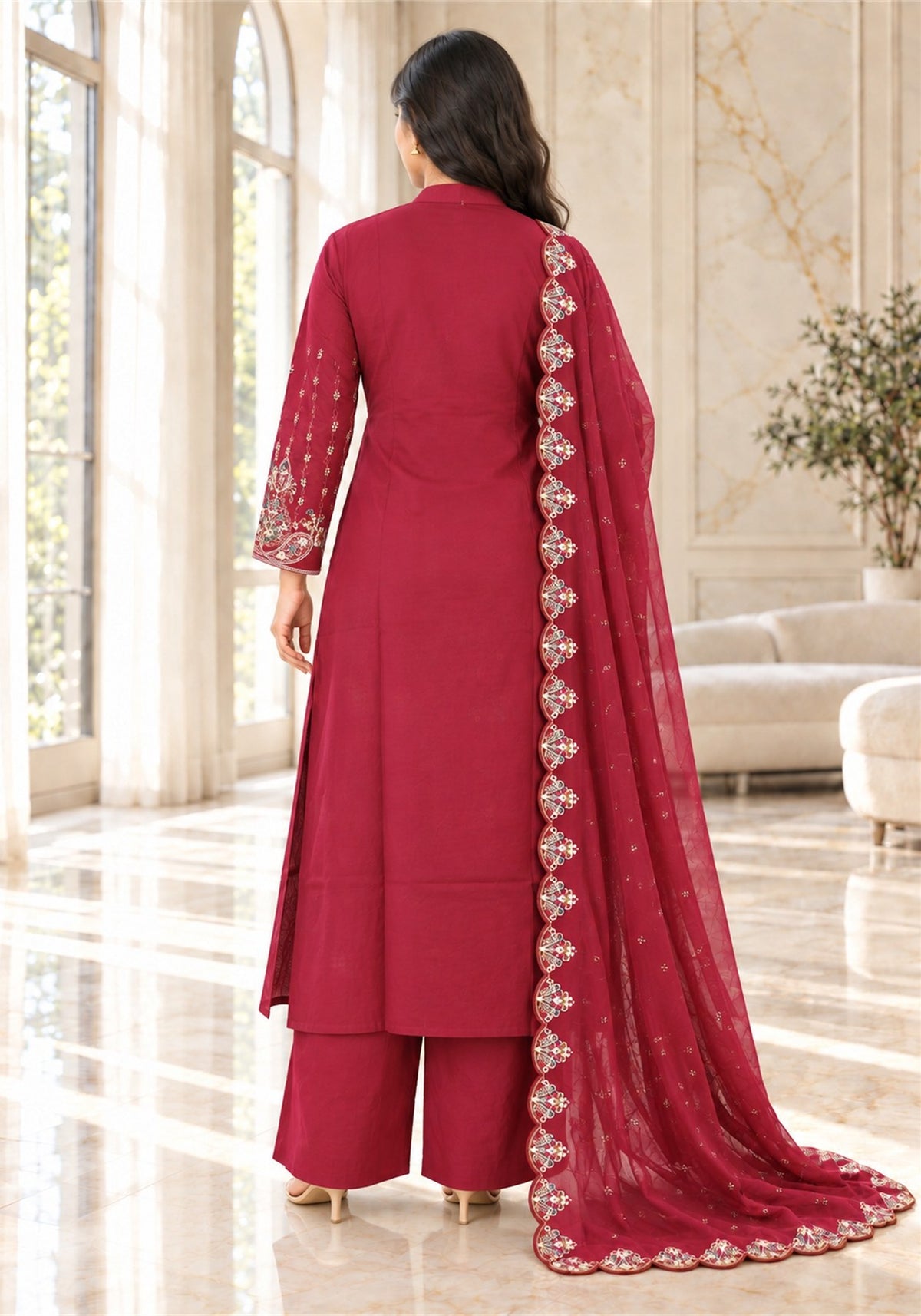 Wine Red Cotton Embroidered Kurta Pant Set with Dupatta - Ashoka Threads - K3-D32-26-WRE 6