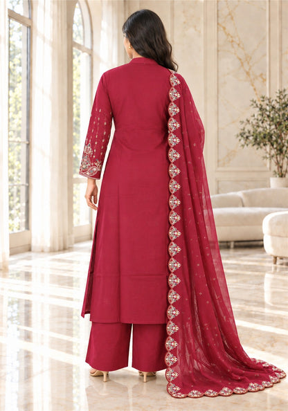 Wine Red Cotton Embroidered Kurta Pant Set with Dupatta - Ashoka Threads - K3-D32-26-WRE 6