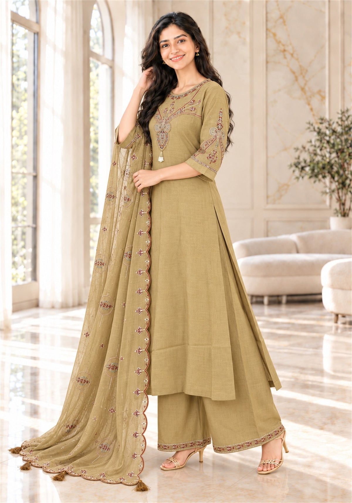 Khaki Beige Cotton Embroidered Kurta Pant Set with Dupatta - Ashoka Threads - K3-D33-26-DOB 2