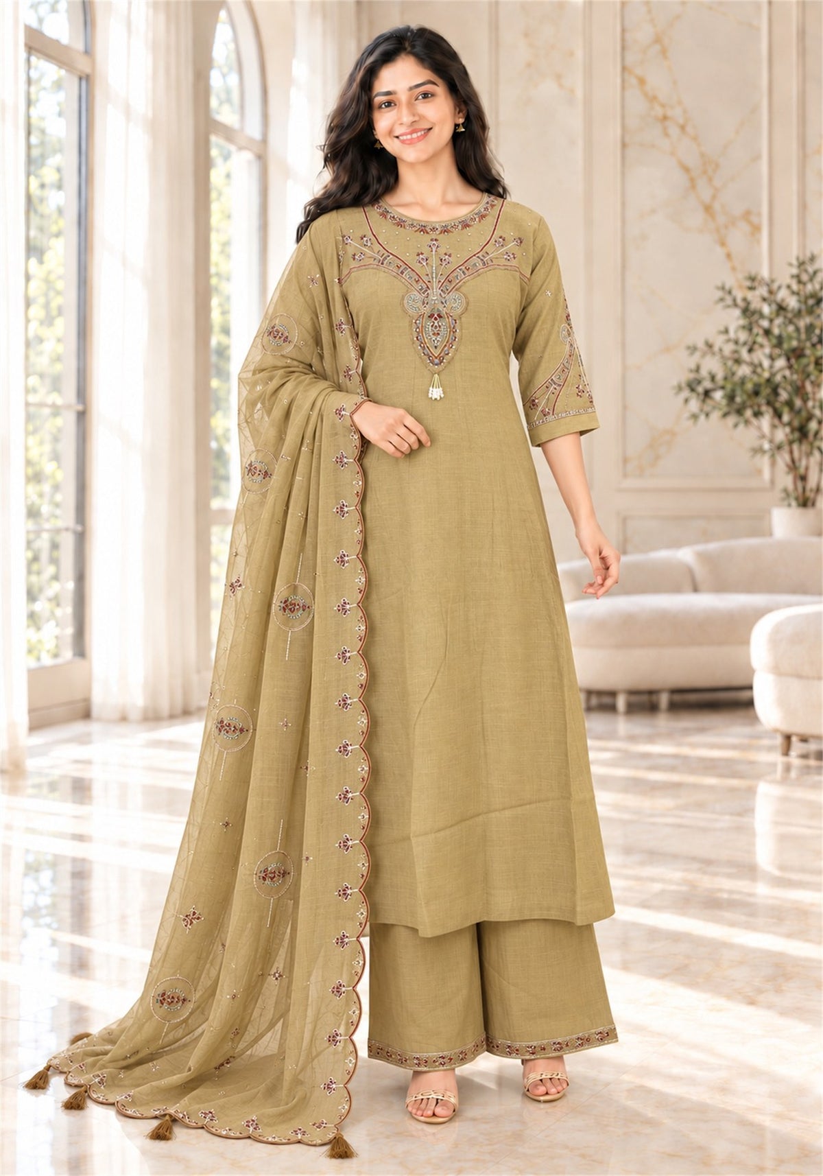 Khaki Beige Cotton Embroidered Kurta Pant Set with Dupatta - Ashoka Threads - K3-D33-26-DOB 3