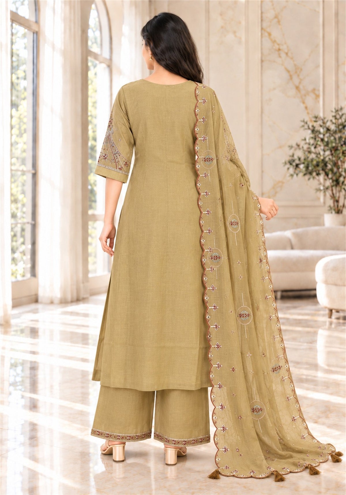 Khaki Beige Cotton Embroidered Kurta Pant Set with Dupatta - Ashoka Threads - K3-D33-26-DOB 4