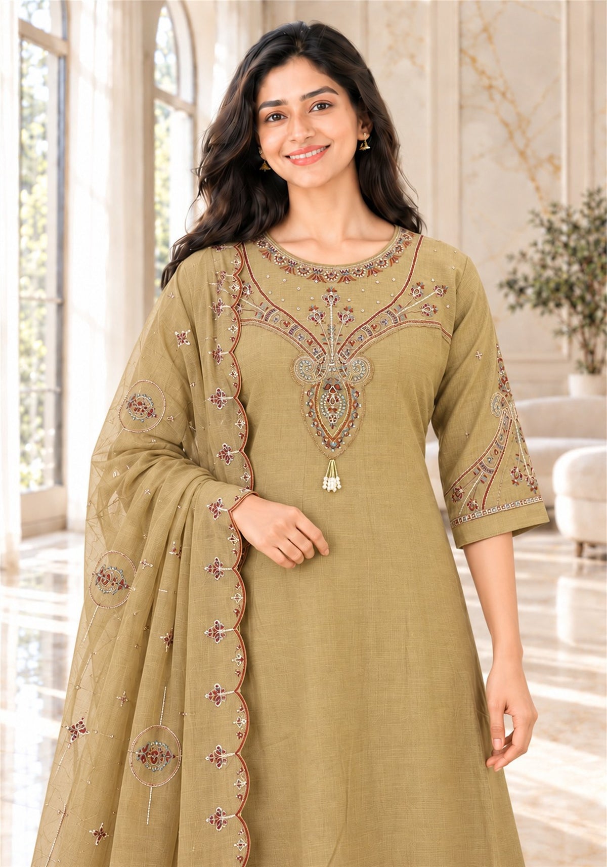 Khaki Beige Cotton Embroidered Kurta Pant Set with Dupatta - Ashoka Threads - K3-D33-26-DOB 5