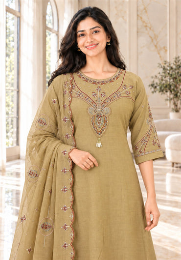 Khaki Beige Cotton Embroidered Kurta Pant Set with Dupatta - Ashoka Threads - K3-D33-26-DOB 5