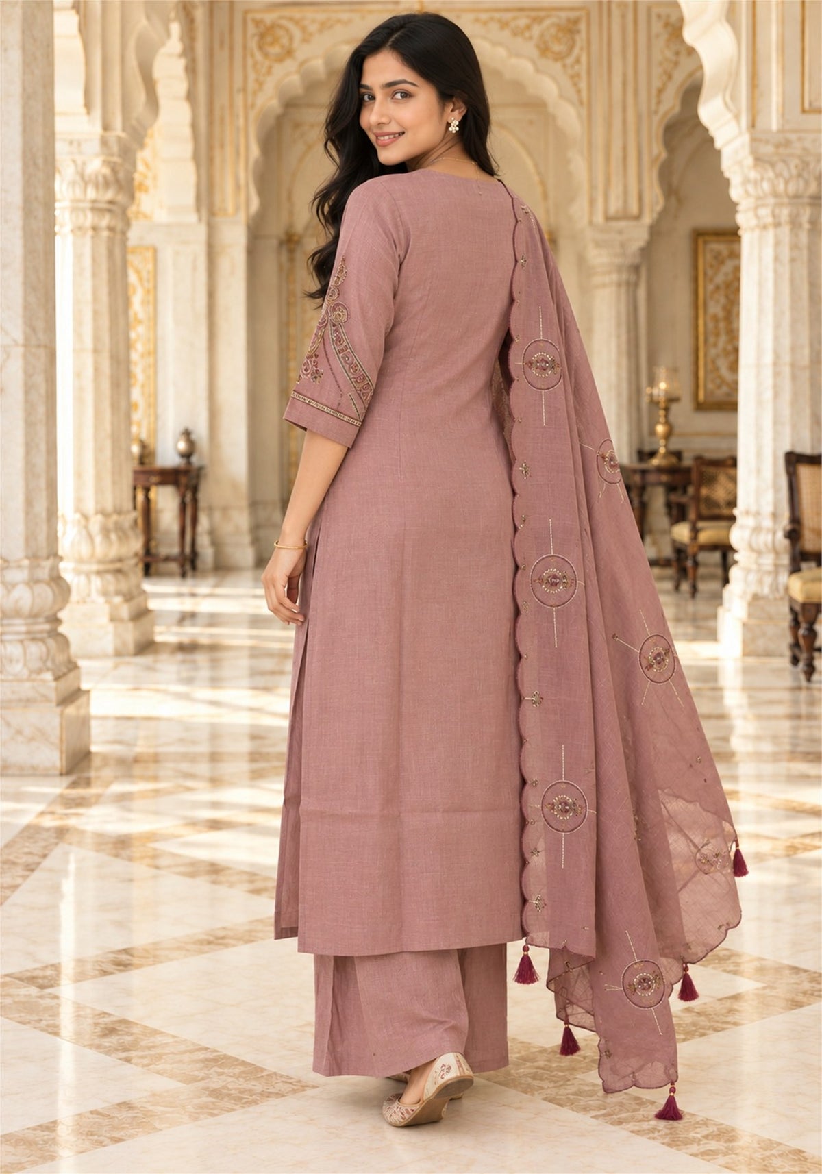 Dusty Rose Cotton Embroidered Kurta Pant Set with Dupatta - Ashoka Threads - K3-D33-26-DRO 2