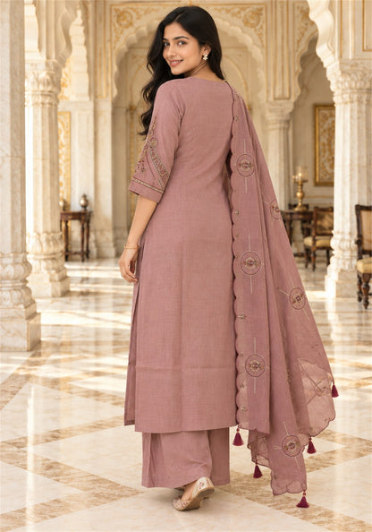 Dusty Rose Cotton Embroidered Kurta Pant Set with Dupatta - Ashoka Threads - K3-D33-26-DRO 2
