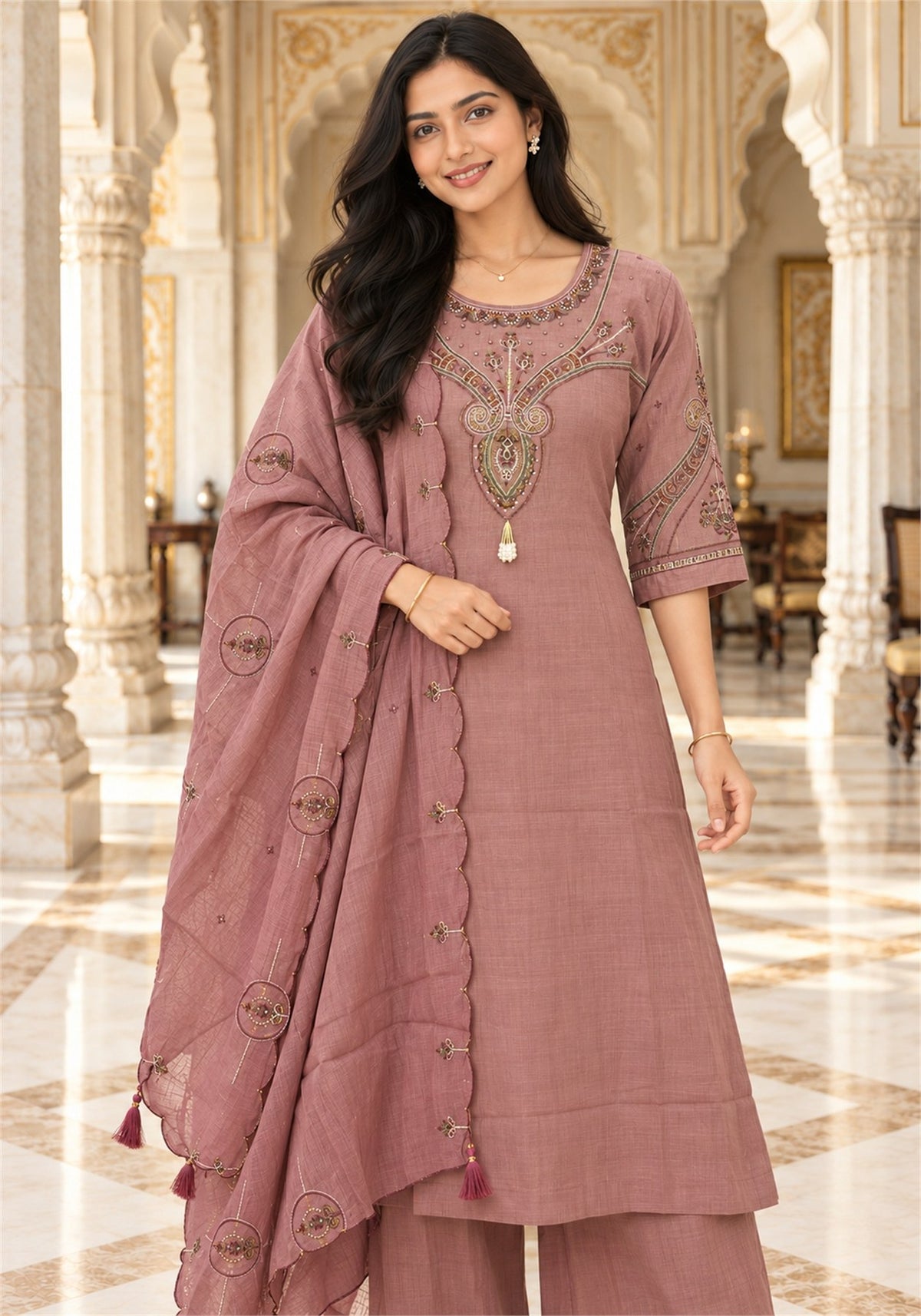 Dusty Rose Cotton Embroidered Kurta Pant Set with Dupatta - Ashoka Threads - K3-D33-26-DRO 3