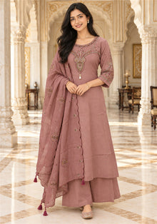 Dusty Rose Cotton Embroidered Kurta Pant Set with Dupatta - Ashoka Threads