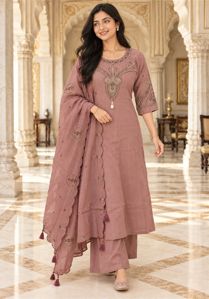 Dusty Rose Cotton Embroidered Kurta Pant Set with Dupatta - Ashoka Threads - K3-D33-26-DRO 5