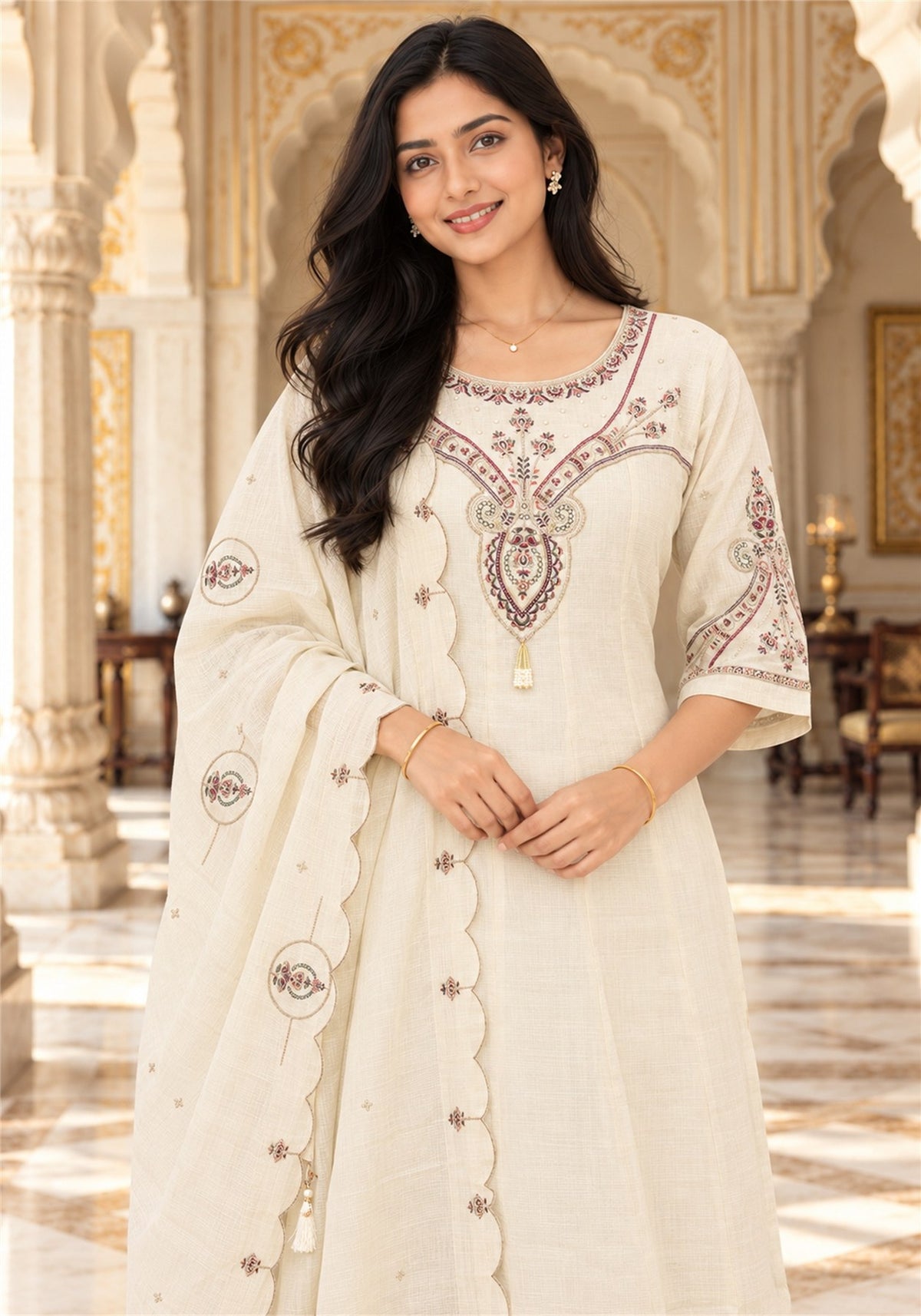 Ivory Cream Cotton Embroidered Kurta Pant Set with Dupatta - Ashoka Threads - K3-D33-26-ICR 2