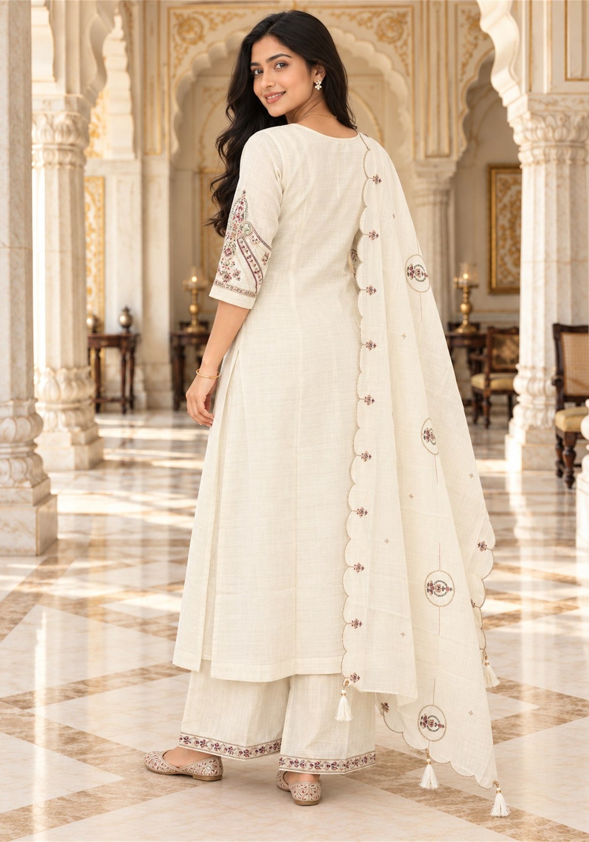 Ivory Cream Cotton Embroidered Kurta Pant Set with Dupatta - Ashoka Threads - K3-D33-26-ICR 3