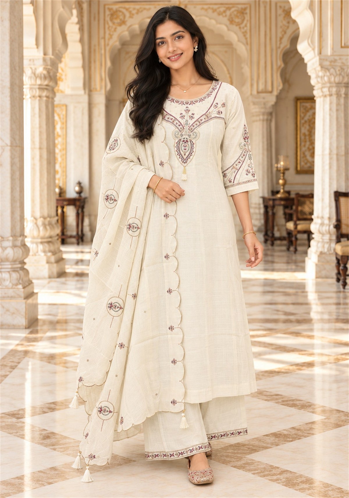 Ivory Cream Cotton Embroidered Kurta Pant Set with Dupatta - Ashoka Threads - K3-D33-26-ICR 4
