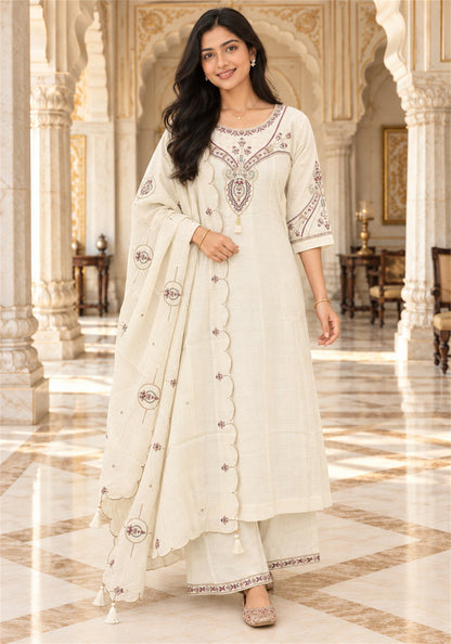 Ivory Cream Cotton Embroidered Kurta Pant Set with Dupatta - Ashoka Threads - K3-D33-26-ICR 4