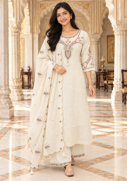 Ivory Cream Cotton Embroidered Kurta Pant Set with Dupatta - Ashoka Threads - K3-D33-26-ICR 5