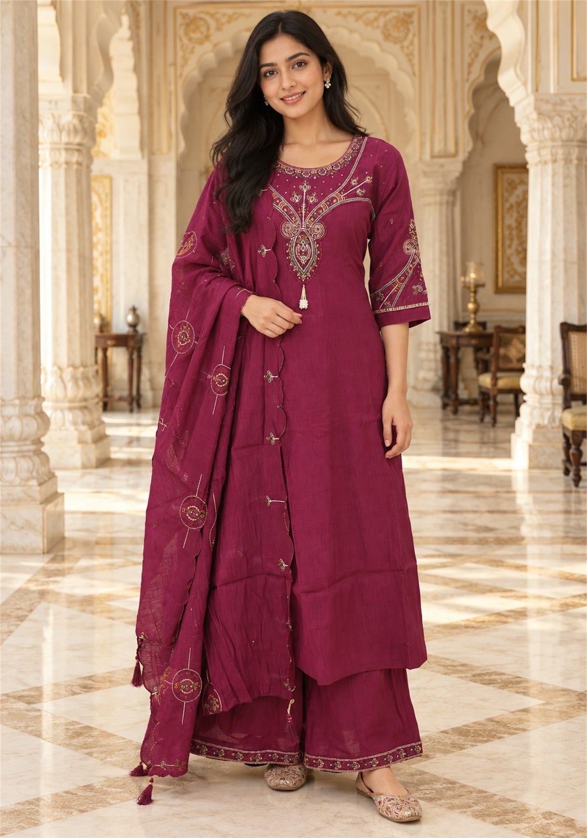 Wine Cotton Embroidered Kurta Pant Set with Dupatta - Ashoka Threads - K3-D33-26-WIN 2