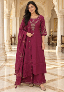 Wine Cotton Embroidered Kurta Pant Set with Dupatta - Ashoka Threads