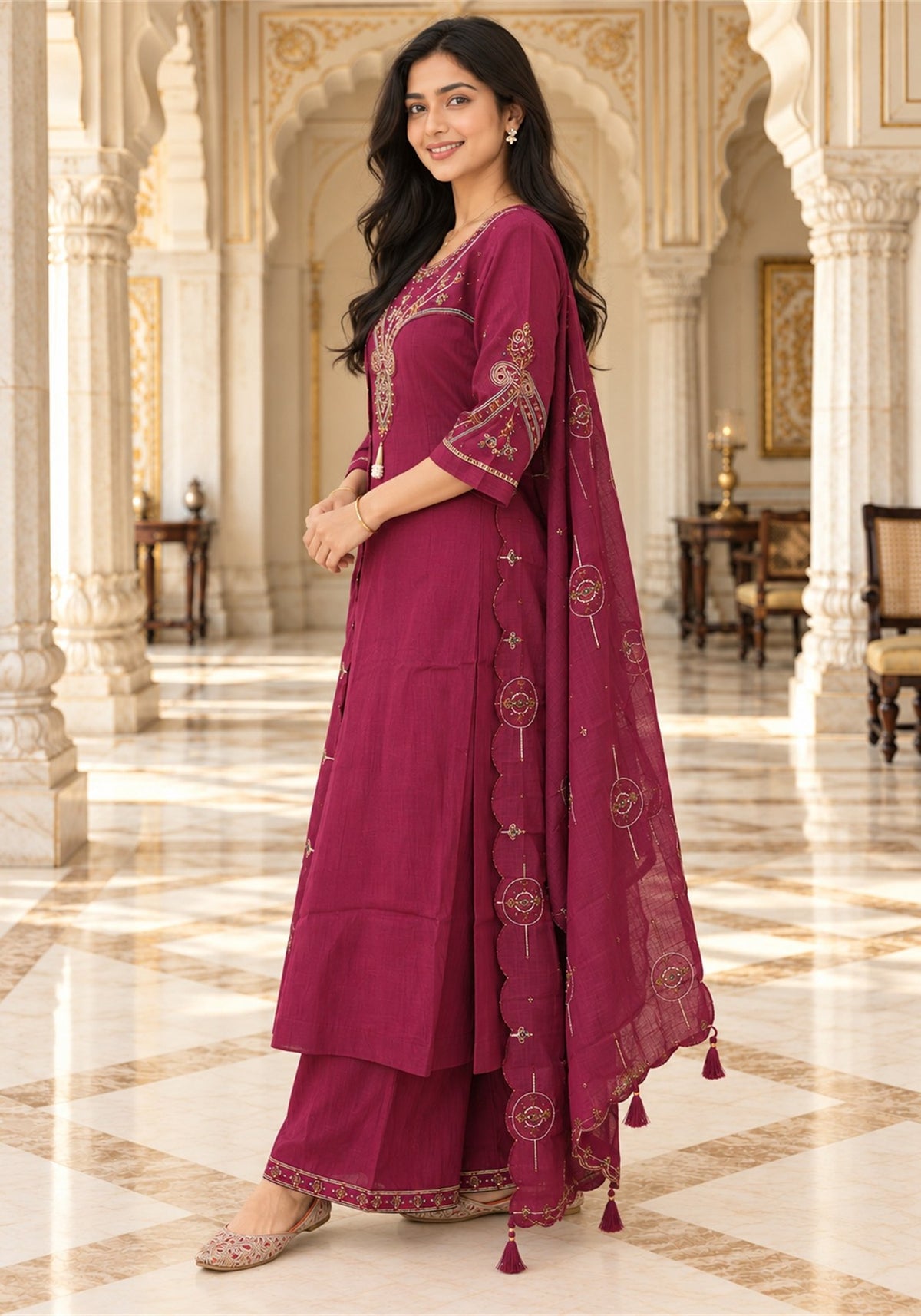 Wine Cotton Embroidered Kurta Pant Set with Dupatta - Ashoka Threads - K3-D33-26-WIN 3