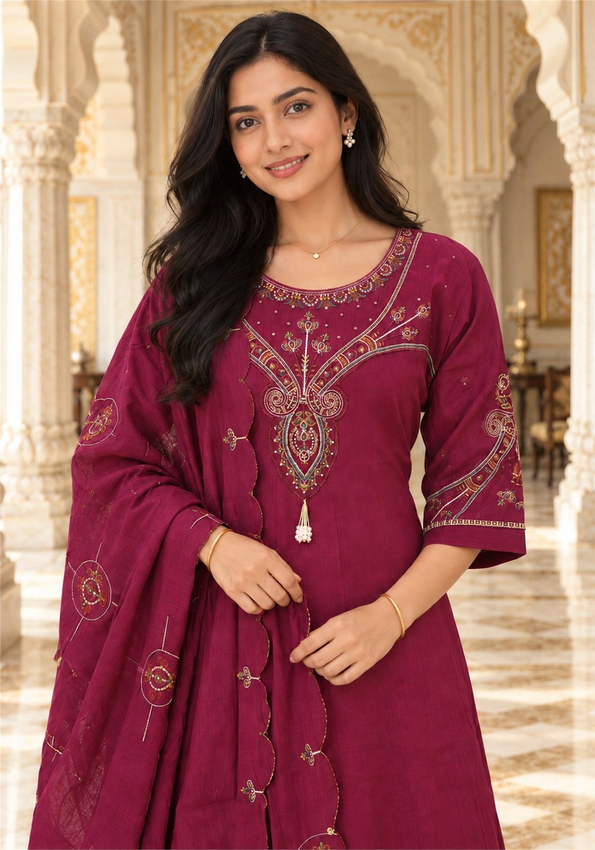Wine Cotton Embroidered Kurta Pant Set with Dupatta - Ashoka Threads - K3-D33-26-WIN 4