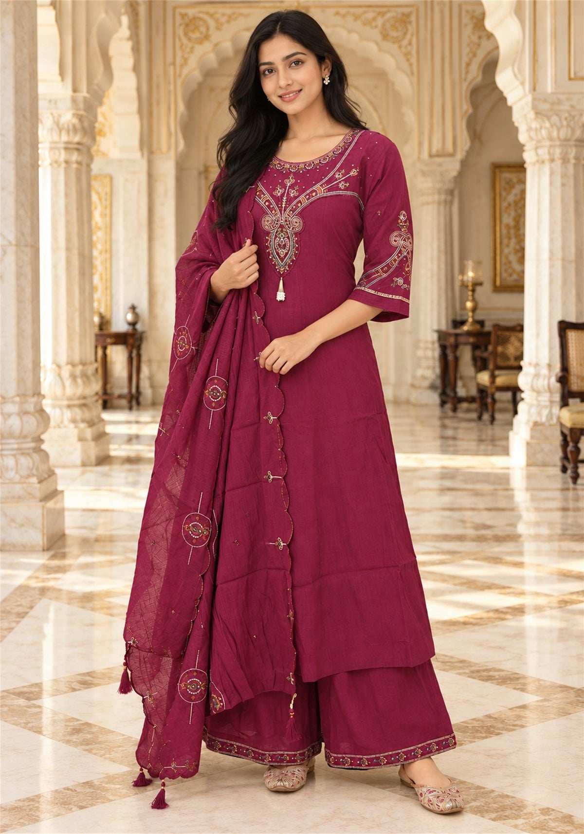 Wine Cotton Embroidered Kurta Pant Set with Dupatta - Ashoka Threads - K3-D33-26-WIN 5