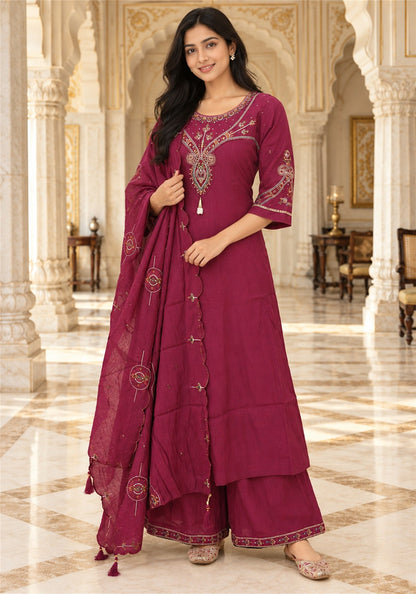 Wine Cotton Embroidered Kurta Pant Set with Dupatta - Ashoka Threads - K3-D33-26-WIN 5