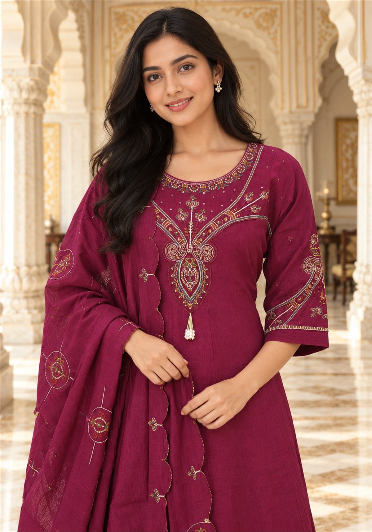 Wine Cotton Embroidered Kurta Pant Set with Dupatta - Ashoka Threads - K3-D33-26-WIN 6