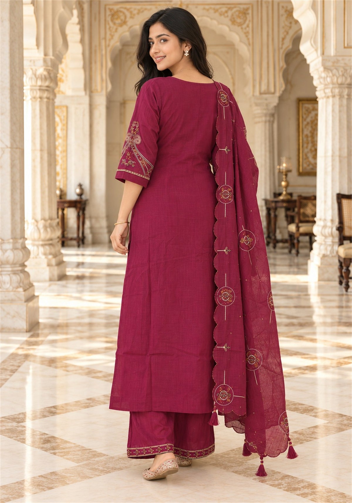 Wine Cotton Embroidered Kurta Pant Set with Dupatta - Ashoka Threads - K3-D33-26-WIN 7