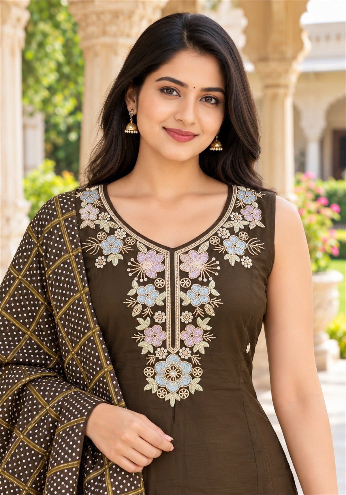 Dark Olive Brown Cotton Sleeveless Kurta Pant Set with Dupatta - Ashoka Threads - K3-D34-26-KBE 2