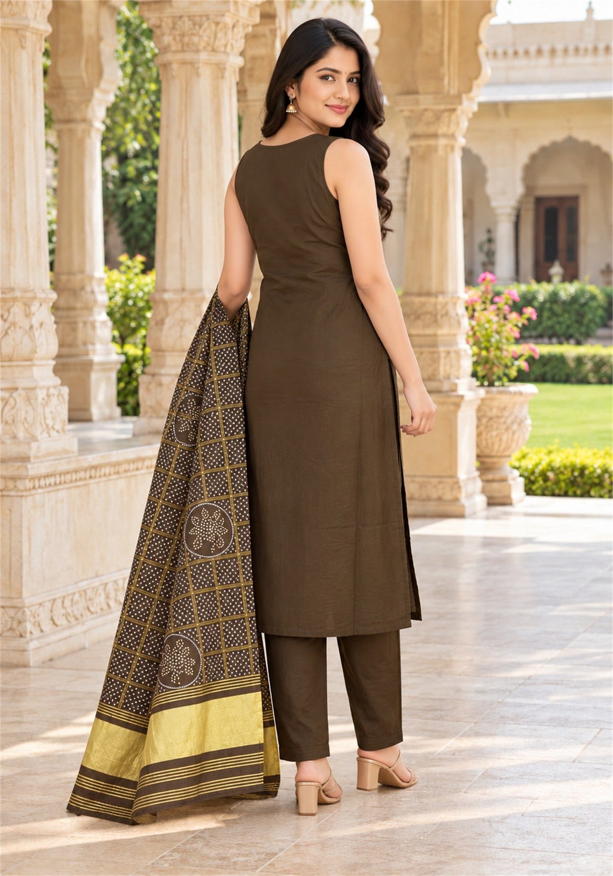 Dark Olive Brown Cotton Sleeveless Kurta Pant Set with Dupatta - Ashoka Threads - K3-D34-26-KBE 3