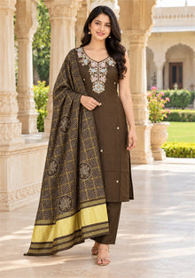 Dark Olive Brown Cotton Sleeveless Kurta Pant Set with Dupatta - Ashoka Threads