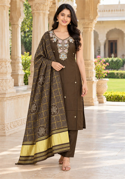 Dark Olive Brown Cotton Sleeveless Kurta Pant Set with Dupatta - Ashoka Threads - K3-D34-26-KBE 4