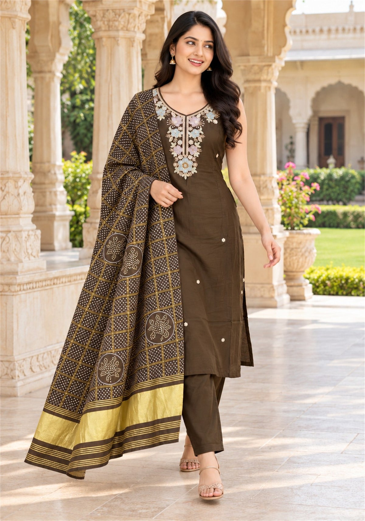 Dark Olive Brown Cotton Sleeveless Kurta Pant Set with Dupatta - Ashoka Threads - K3-D34-26-KBE 5