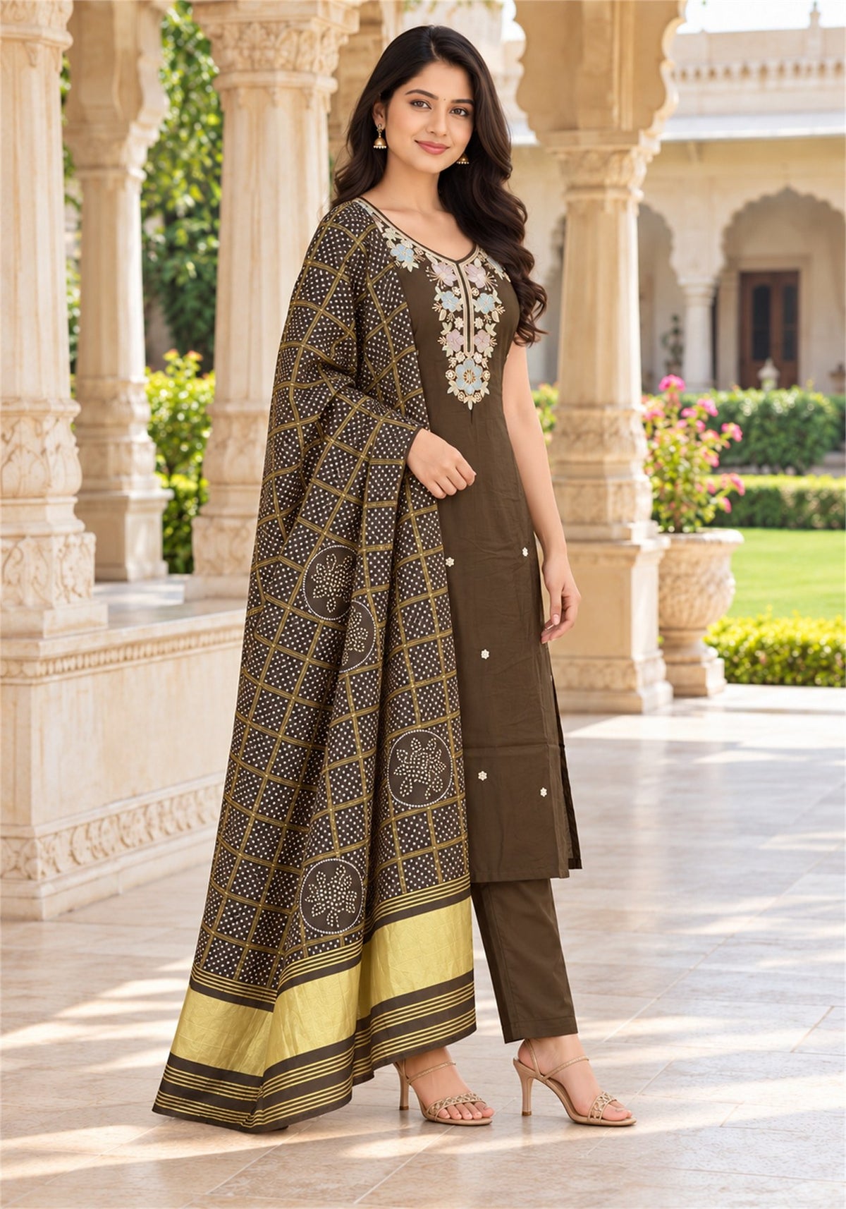 Dark Olive Brown Cotton Sleeveless Kurta Pant Set with Dupatta - Ashoka Threads - K3-D34-26-KBE 6