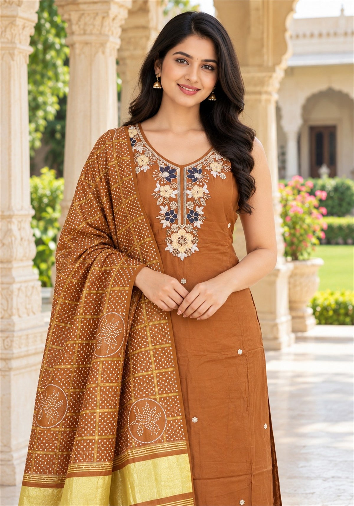 Rust Orange Cotton Sleeveless Kurta Pant Set with Dupatta - Ashoka Threads - K3-D34-26-ROR 2